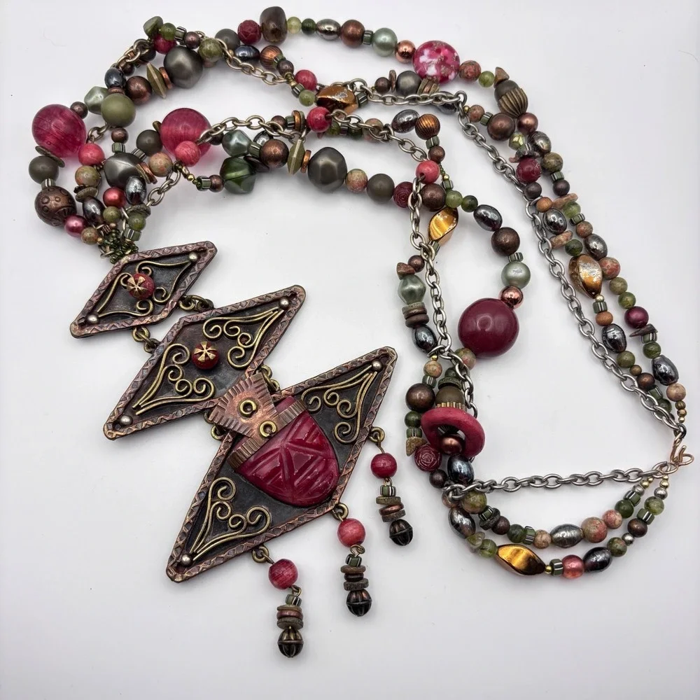 Vintage Cynthia Jean Statement Necklace Multi-strand Beaded Stones 28